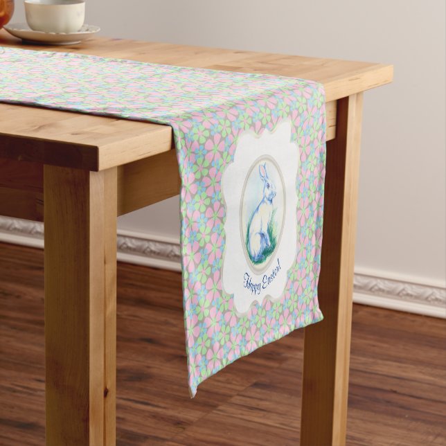 Easter Bunny Pastel Art with Spring Floral Pattern Short Table Runner (In Situ)