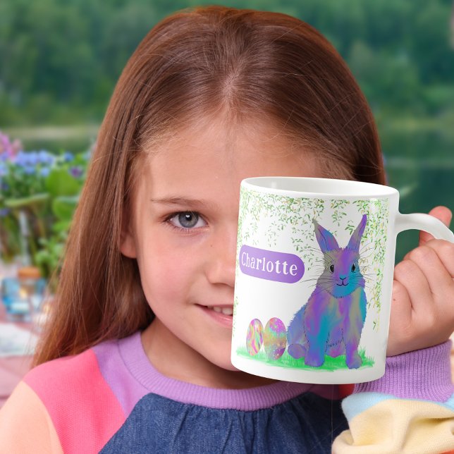 Easter Bunny Personalised Name Purple Coffee Mug (Personalized girl name cute Easter bunny egg hunt spring brunch garden party mug Colorful watrcolor)