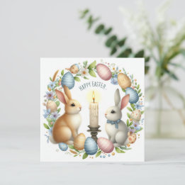 Easter Bunny Pink Blue Candle Illustration  Holiday Card