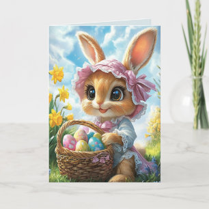 Easter Bunny Pink Bonnet Basket Eggs  Card