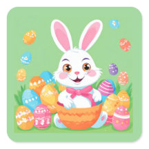 Easter Bunny Pink Bow and Colourful Eggs on Green