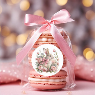 Easter Bunny Pink Bow Flowers Classic Round Sticker