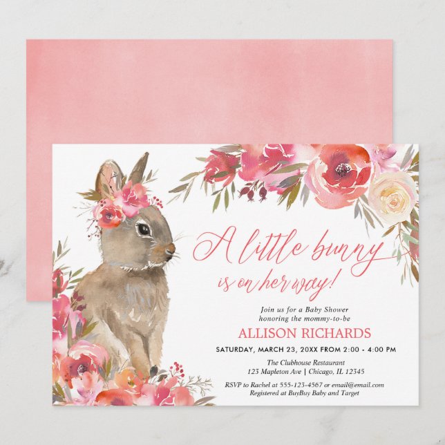 Easter bunny pink coral floral girl baby shower invitation (Front/Back)