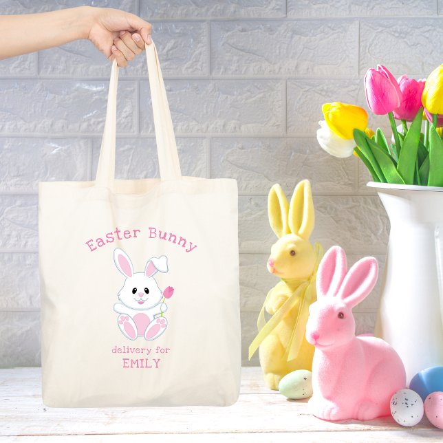 Easter Bunny Pink Tulip Personalised Name Holidays Tote Bag (Creator Uploaded)