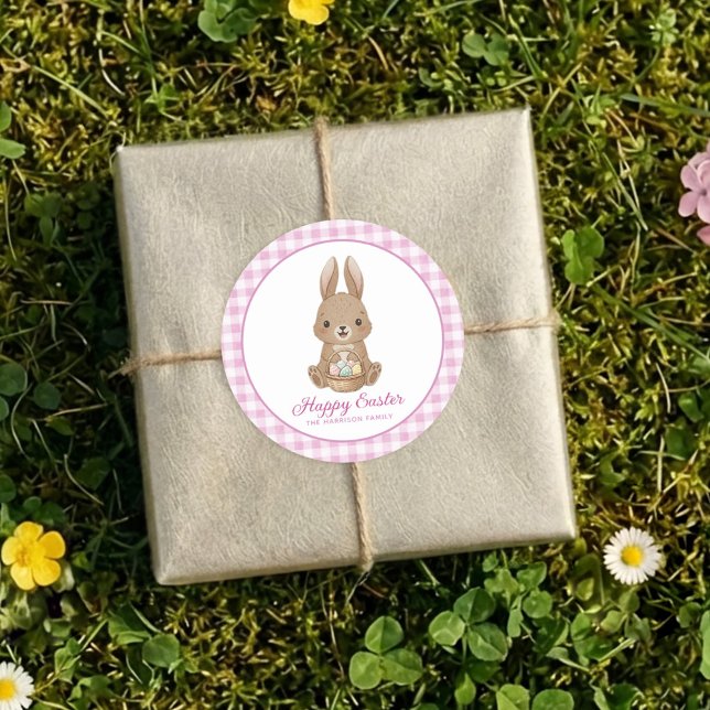 Easter Bunny Pink Watercolor Gingham Classic Round Sticker (Creator Uploaded)