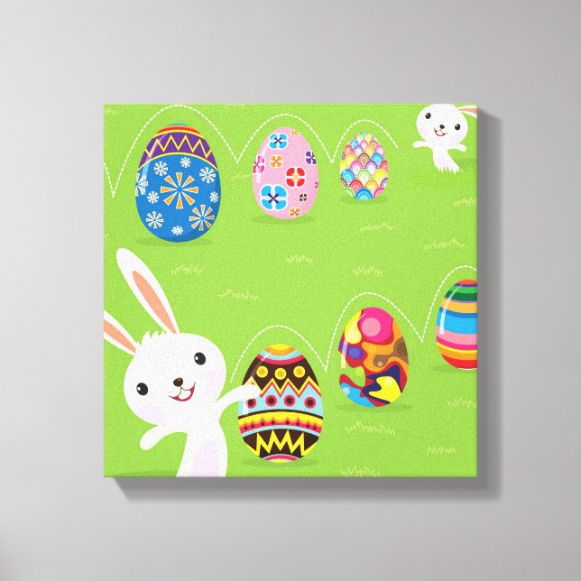Easter bunny playful with painted eggs canvas print (Front)