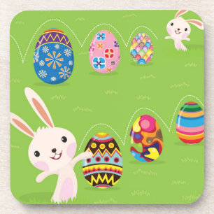Easter bunny playful with painted eggs coaster