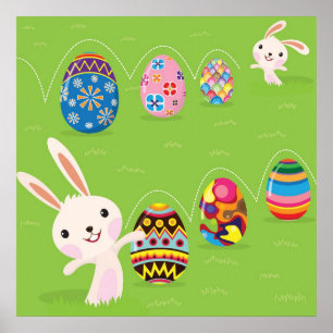 Easter bunny playful with painted eggs poster