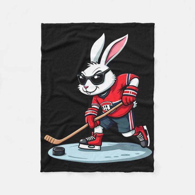 Easter Bunny Playing Hockey  Fleece Blanket (Front)
