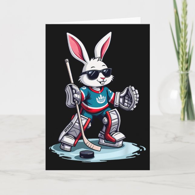 Easter Bunny Playing Hockey Halloween  Card (Front)