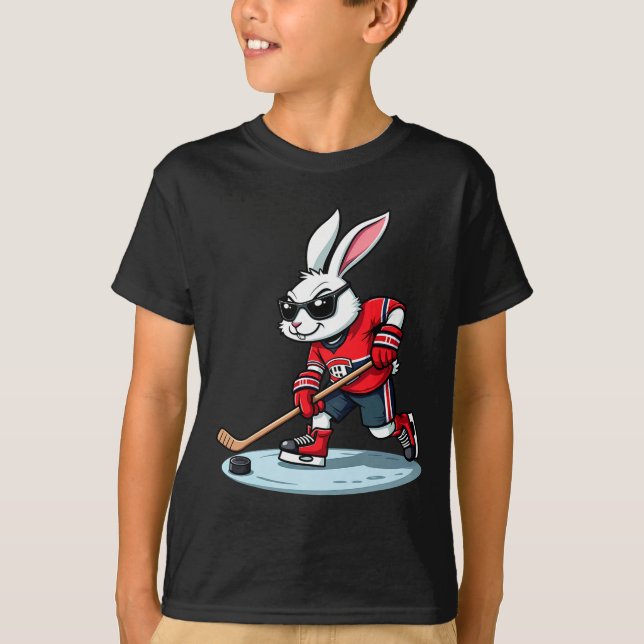 Easter Bunny Playing Hockey  T-Shirt (Front)
