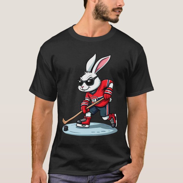 Easter Bunny Playing Hockey  T-Shirt (Front)