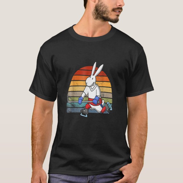 Easter Bunny Playing Ice Hockey Retro Sports T-Shirt (Front)