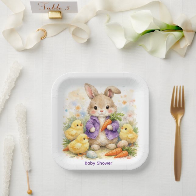 Easter Bunny Purple Jacket Baby Shower Paper Plate (Wedding)