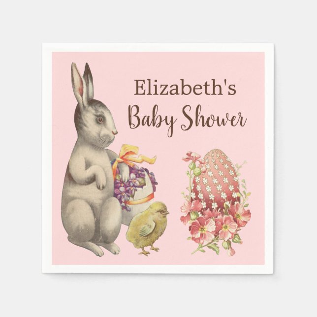 Easter Bunny Rabbit and Chicken Pink Baby Shower Napkin (Front)