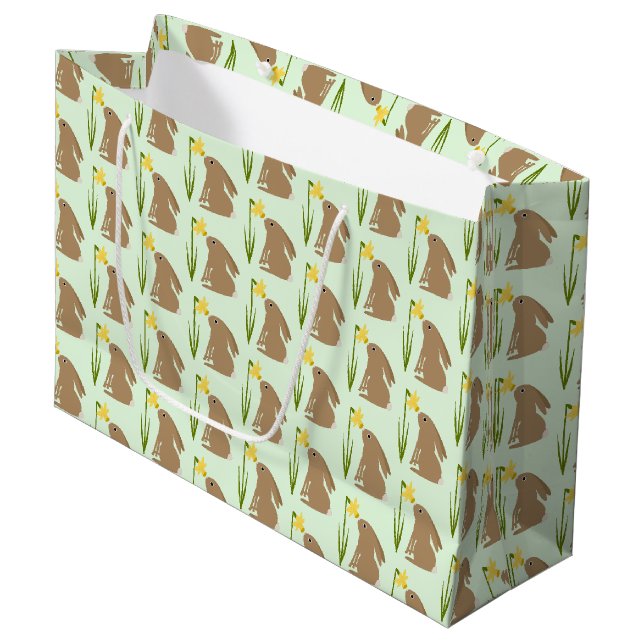 Easter Bunny Rabbit and Daffodil flower Patterned Large Gift Bag (Front Angled)