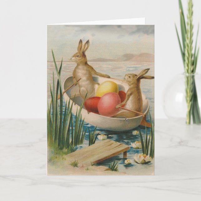 Easter Bunny Rabbit Coloured Egg Boat Holiday Card (Front)