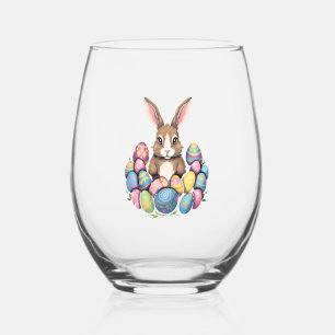 Easter Bunny Rabbit Colourful Eggs Easter Egg Hunt Stemless Wine Glass