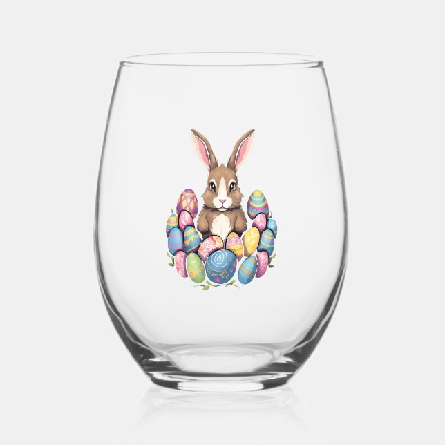 Easter Bunny Rabbit Colourful Eggs Easter Egg Hunt Stemless Wine Glass (Front)