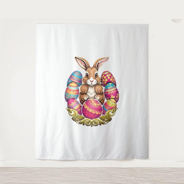 Easter Bunny Rabbit Colourful Eggs Easter Egg Hunt Tapestry (Front)