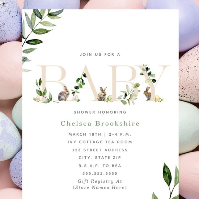 Easter Bunny Rabbit Eggs Eucalyptus Neutral Baby Invitation (Creator Uploaded)