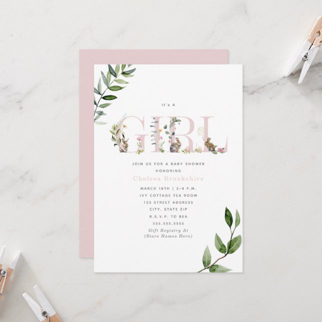 Easter Bunny Rabbit Eggs Floral Girl Baby Shower Invitation (Front/Back In Situ)