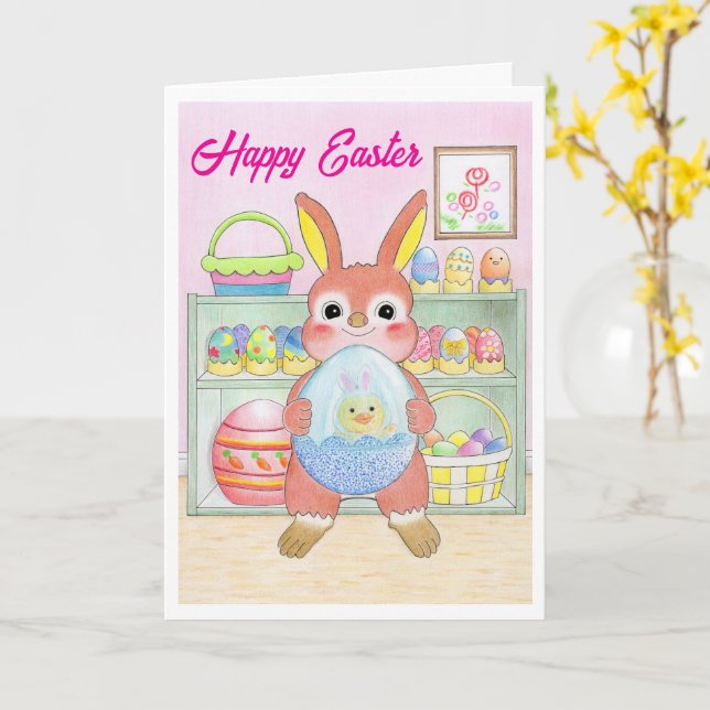 Easter Bunny Rabbit Eggs Kids Folded Card (Yellow Flower)
