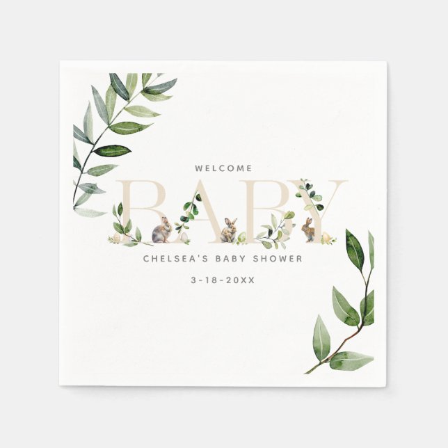 Easter Bunny Rabbit Eucalyptus Neutral Baby Shower Napkin (Front)