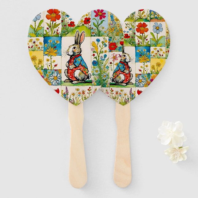 Easter Bunny Rabbit Floral Patchwork Hand Fan (Front and Back)