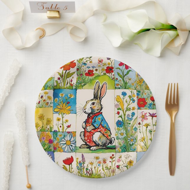 Easter Bunny Rabbit Floral Patchwork Paper Plate (Wedding)