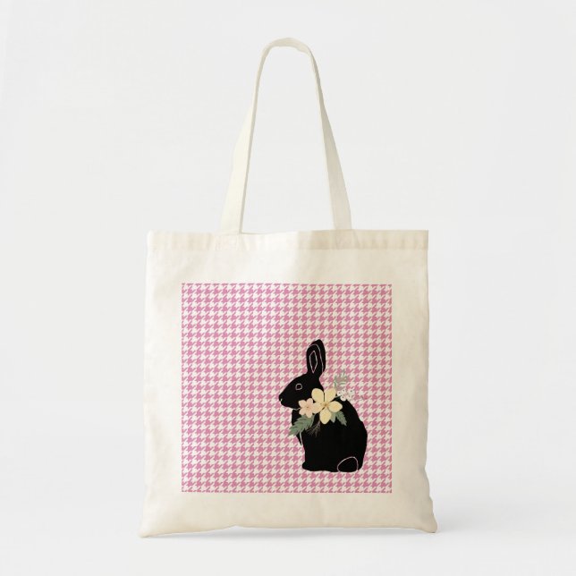 Easter Bunny Rabbit Silhouette Flowers Houndstooth Tote Bag (Front)