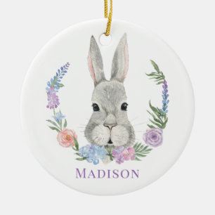 Easter Bunny Rabbit Watercolor Floral Personalised Ceramic Tree Decoration