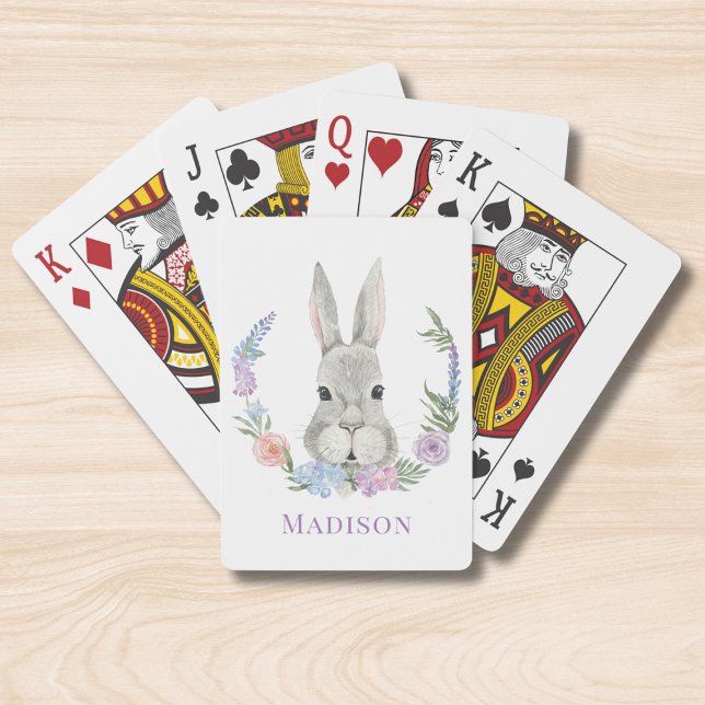 Easter Bunny Rabbit Watercolor Floral Personalised Playing Cards (Creator Uploaded)
