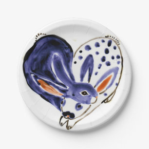 Easter Bunny Rabbits Heart Blue & White Modern Paper Plate