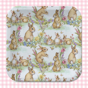 Easter Bunny Rabbits in a Spring Garden Paper Plate