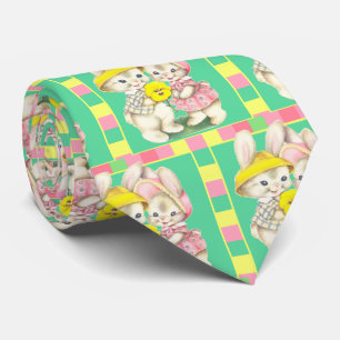 Easter Bunny Rabbits With Plaid Trim Tie