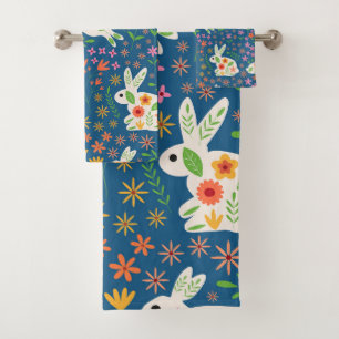 Easter Bunny Rabbits with Whimsical flowers Bath Towel Set