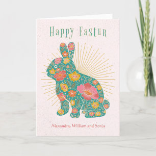 Easter Bunny Retro Floral Personalised Holiday Card