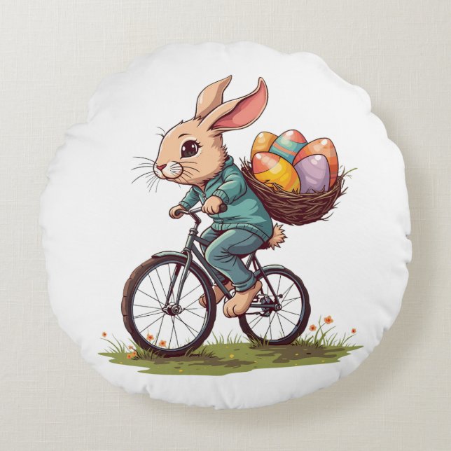 Easter Bunny Riding a Bicycle with Basket of Eggs Round Cushion (Front)