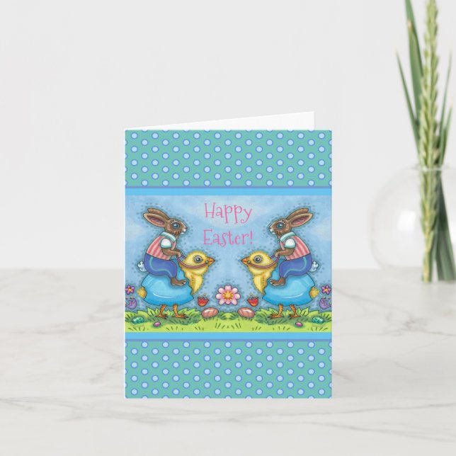 EASTER BUNNY RIDING CUTE CHICK IN BLUE EGG, WHIMSY HOLIDAY CARD (Front)