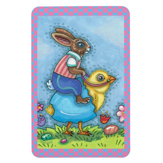 EASTER BUNNY RIDING CUTE CHICK IN BLUE EGG, WHIMSY MAGNET (Vertical)