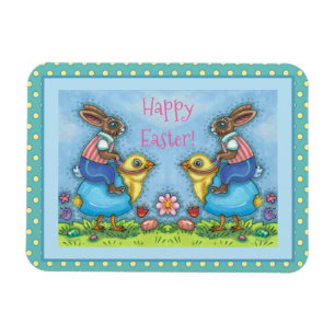 EASTER BUNNY RIDING CUTE CHICK IN BLUE EGG, WHIMSY MAGNET