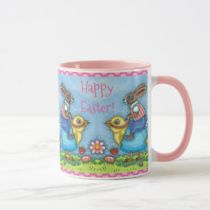 EASTER BUNNY RIDING CUTE CHICK IN BLUE EGG, WHIMSY MUG