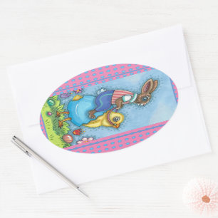 EASTER BUNNY RIDING CUTE CHICK IN BLUE EGG, WHIMSY OVAL STICKER