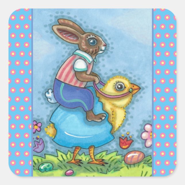 EASTER BUNNY RIDING CUTE CHICK IN BLUE EGG, WHIMSY SQUARE STICKER (Front)