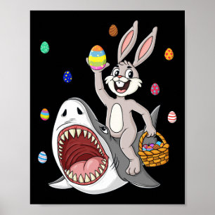 Easter Bunny Riding Shark Fun Eggs Basket Boys Gir Poster