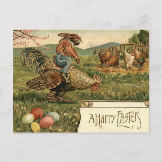 Easter Bunny Rooster Coloured Egg Riding Holiday Postcard (Front)