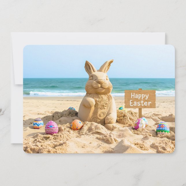 Easter Bunny Sand Sculpture on the Beach Holiday Card (Front)