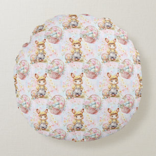 Easter Bunny Seamless Fabric – Pastel Cute Rabbit Round Cushion