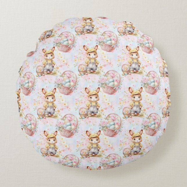 Easter Bunny Seamless Fabric – Pastel Cute Rabbit  Round Cushion (Front)